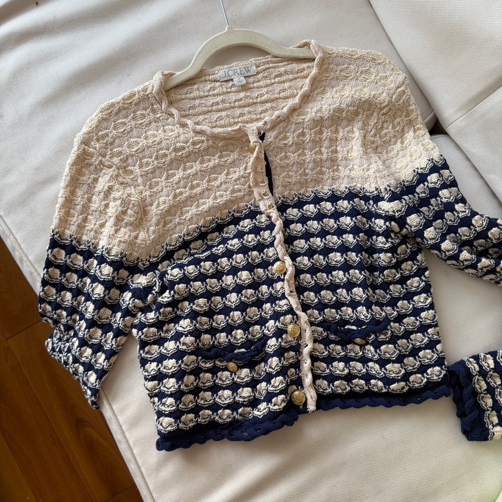 J. Crew Cream and Blue Cardigan Sweater with Color-Block Design